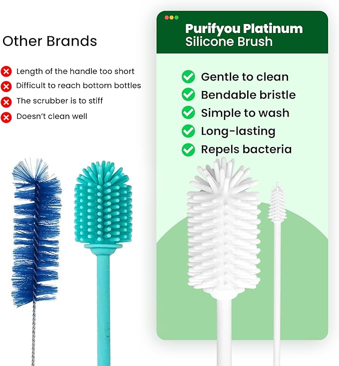 purifyou 16in & 12in Platinum Silicone Water Bottle Cleaner Brush Set with Cap Brushes, for Bottles, Tumblers, Drinking Glasses, Narrow Neck Containers, Dishwasher Safe, Durable (Set of 2, White)