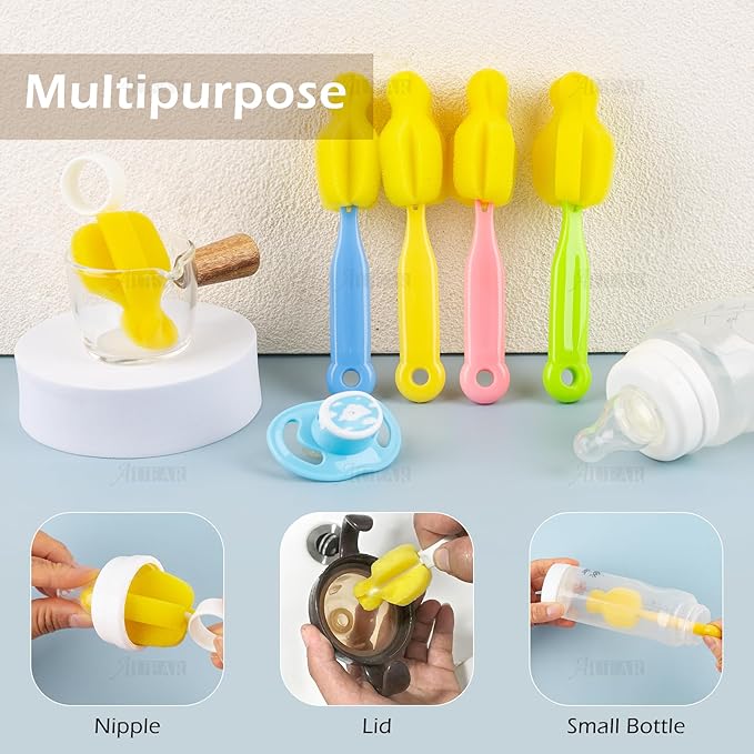 AUEAR, Milk Bottle Nipple Brushes Pacifier Sponge Cleaning Small Brush Cleaner Set for Bottles and Accessories (10 Pcs)