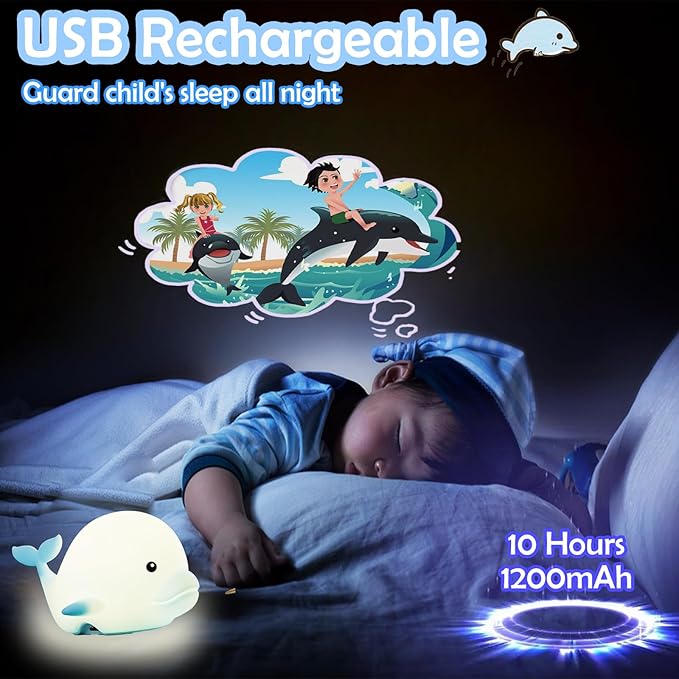 Dolphin Night Light for Kids Cute Night Light,16 Colors Silicone Dimmable Baby Night Lights for Nursery, Rechargeable Nightlight for Kids Room,Gifts Stuff for Boys Girls Baby,Toddler Decor