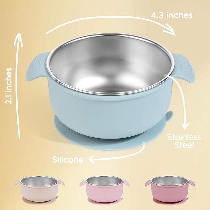 Bella’s Friends Stainless Steel and Silicone Baby Bowls with Suction 3 Pack, 4.3” for Toddlers Kids Feeding, Non-Slip, Non-Toxic, Mess-Free, Dishwasher Safe, Fit High Chair Size, light pink beige pink