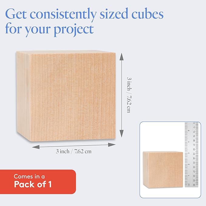 DIY Wooden Cubes 3-inch, Pack of 1 Large Wooden Blocks, Unfinished Wood Blocks for Crafts, STEM, Dice, and Building Blocks for Stacking, by Woodpeckers