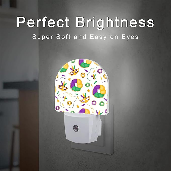 Mardi Gras Carnival Night Light Plug into Wall,Fleur de Lis Mask and Donuts Dusk to Dawn Night Light Plug in,0.5w Energy Saving Sleep Friendly NightLight for Kids Boys Girls Home Decor