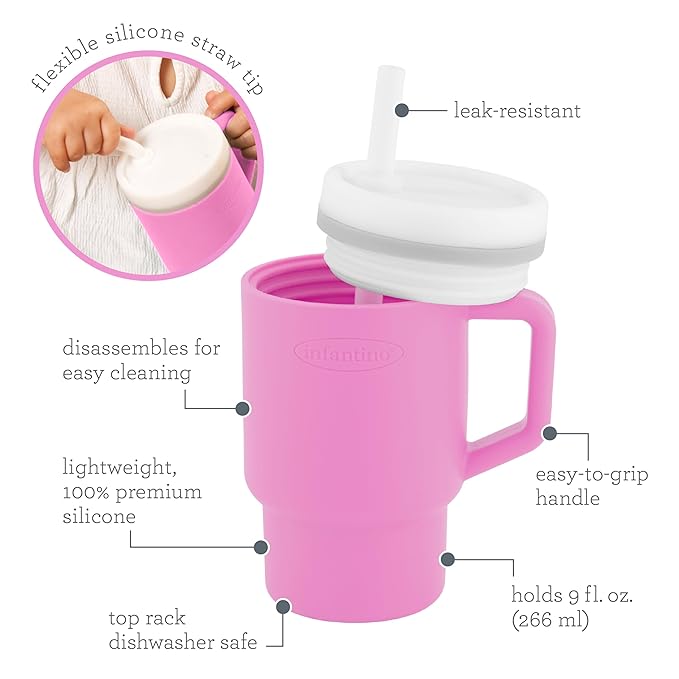Infantino My 1st Tumbler, Silicone Sippy Cup with Straw & Handle, Spill-Resistant Baby Cup for On-the-Go, BPA-Free Transition Bottle, Cotton Candy