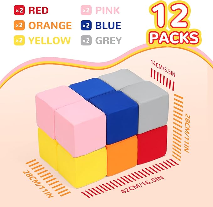 Foam Blocks for Toddlers, 12 Pieces Soft Building Blocks for Kids, Large Foam Cubes Colourful Stacking Block Sets - Throw & Play Toys with Washable Cover(Pink, Dark Blue, Yellow, Orange, Red, Gray)