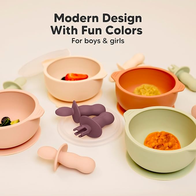 KeaBabies 4-Pack Silicone Baby Spoons and Forks Set - Baby Led Weaning Utensils 6-12 Months, Self Feeding Toddler Spoon & Fork for Training, Teething, Easy to Hold, BPA-Free Silicone (Rocky)