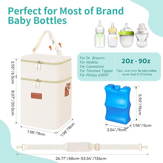 PIIOSER Baby Bottle Tote Bag with Ice Pack, Fits 4 Baby Bottles Up to 9 Ounce, Small Insulated Breastmilk Cooler Travel Bag with Shoulder Strap for Nursing & Working Mom Daycare (Cream-S)