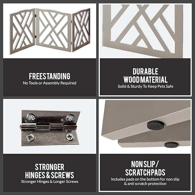 Bundaloo Freestanding Dog Gate Expandable Decorative Wooden Fence for Small to Medium Pet Dogs, Barrier for Stairs, Doorways, & Hallways (Crisscross - Grey)
