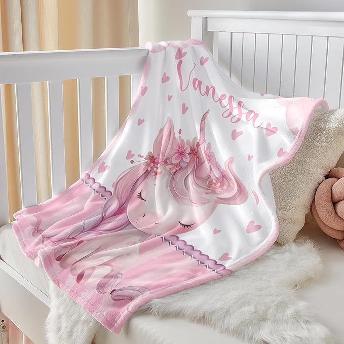 Personalized Baby Blanket for Girls, Custom Baby Blanket with Name, Soft Cozy Personalized Name Blankets for Kids, Customized Unicorn Blanket for Infant Toddler Birthday Christmas