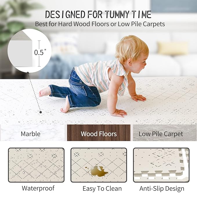 Yay Mats Stylish Extra Large Baby Play Mat. Soft, Thick, Non-Toxic Foam Covers 6 ft x 4 ft. Expandable Tiles with Edges Infants and Kids Playmat Tummy Time Mat (Carter Mudcloth Tan)