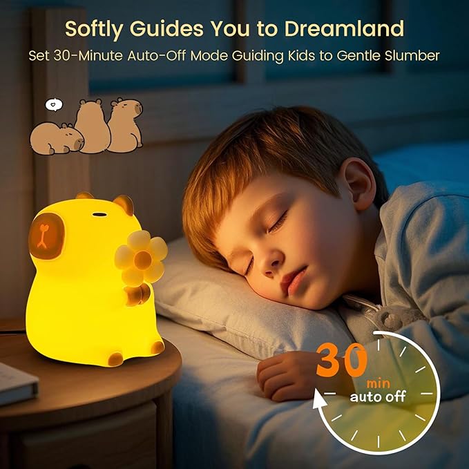 Capybara Night Light, Nursery Lamp, 7-Color RGB & 3-Level Warm Dimmable Warm, Tap Control, 30Min Timer, 100% Safe &Soft Silicone, Adorable, Soothing Ambiance, Gift for Kids, Detachable Flower