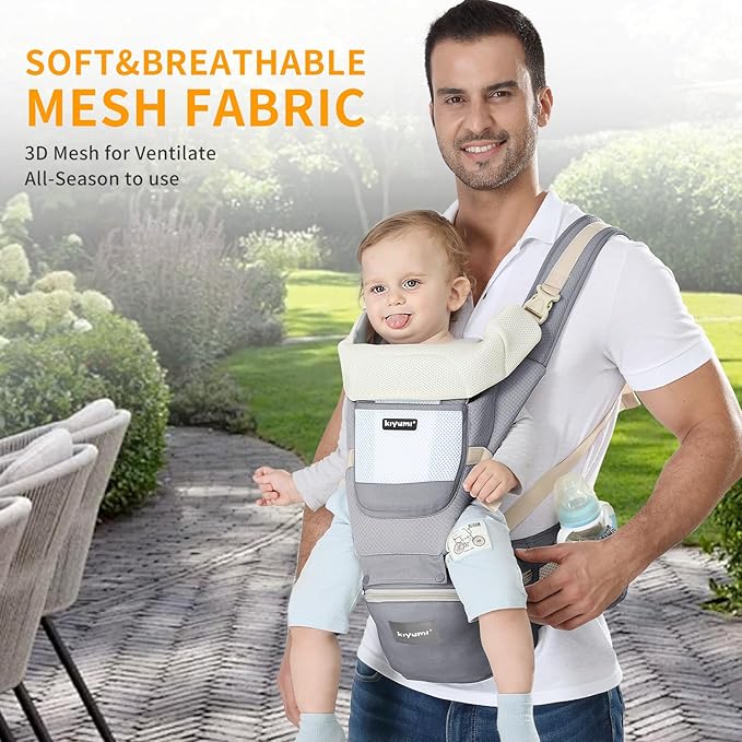 KIYUMI Baby Carrier with Hip Seat, 6- in-1 Baby Carrier Newborn to Toddler, Ergonomic M Position, Head Support and Breathable Mesh,Adjustable Removable Baby Sling Carrier (7-45 lbs), Grey