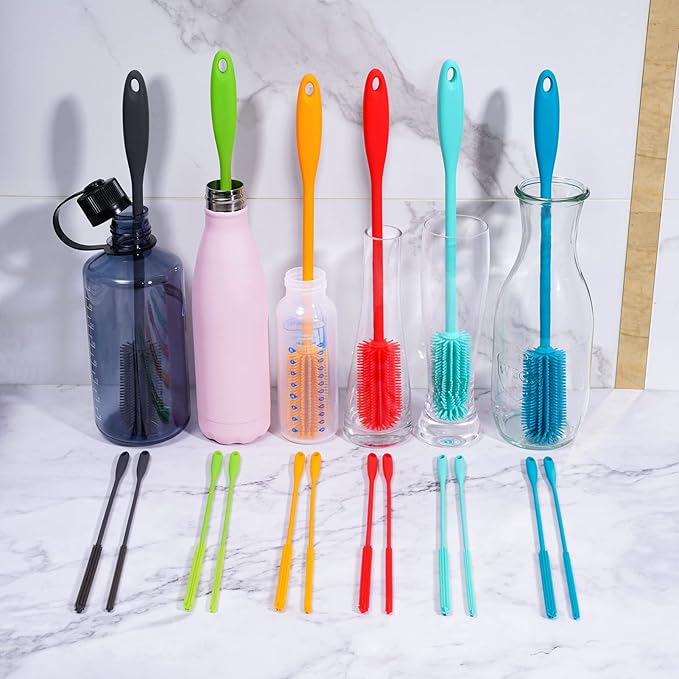 3-in-1 Silicone Bottle Brush and Straw Cleaning Brush Set, Water Bottle Cleaner for Narrow Neck Containers, Tumblers, Flask, Vase and Glassware (Teal)