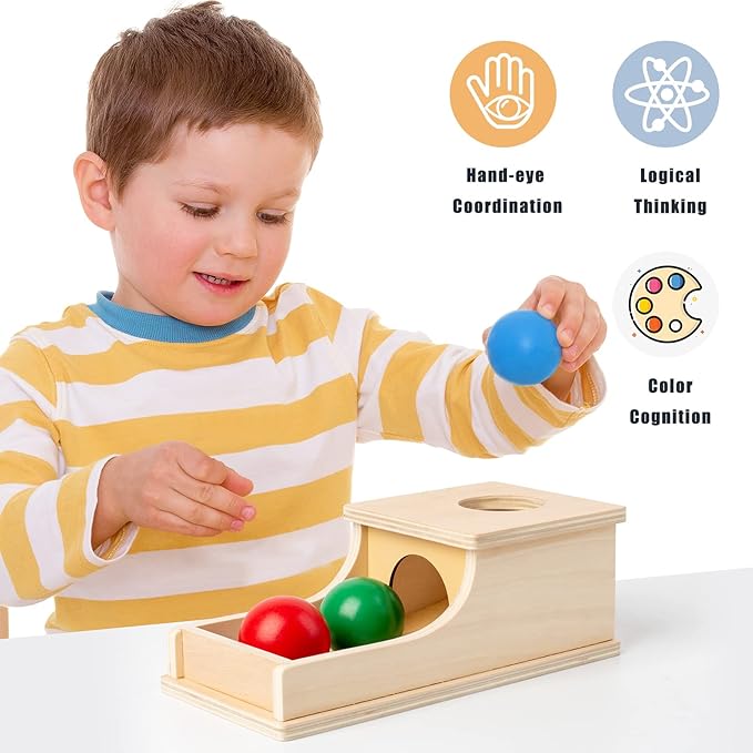 Busy edition Montessori Toys Object Permanence Box Soft Sound Wooden Baby Ball Drop Play for 6 Month 1 2 3 Year Old Toddlers Infant Early Age Toy (Red Green Blue)
