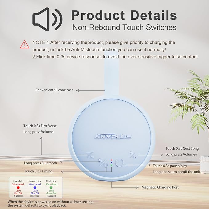 White Noise Sound Machine, Portable Sound Machine for Sleeping Adults & Baby, with Bluetooth 5.1/24 Soothing Sounds/Battery Powered/3 Timer Memory Function for Office/Bedroom/Travel（Blue）