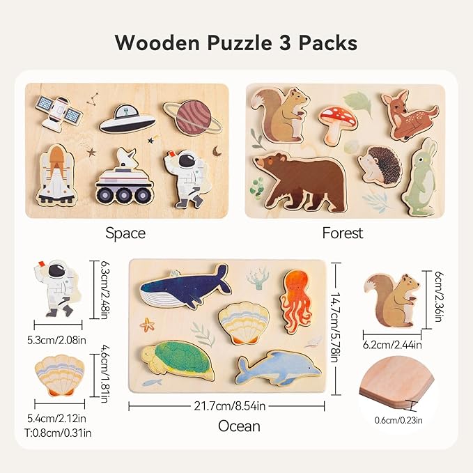 3 Packs Space Ocean Forest Wooden Chunky Puzzles for Toddlers, Wood Puzzle for Kids, Insert Puzzles Each Piece Fits Perfectly, Sturdy and Pegless, Educational Toys