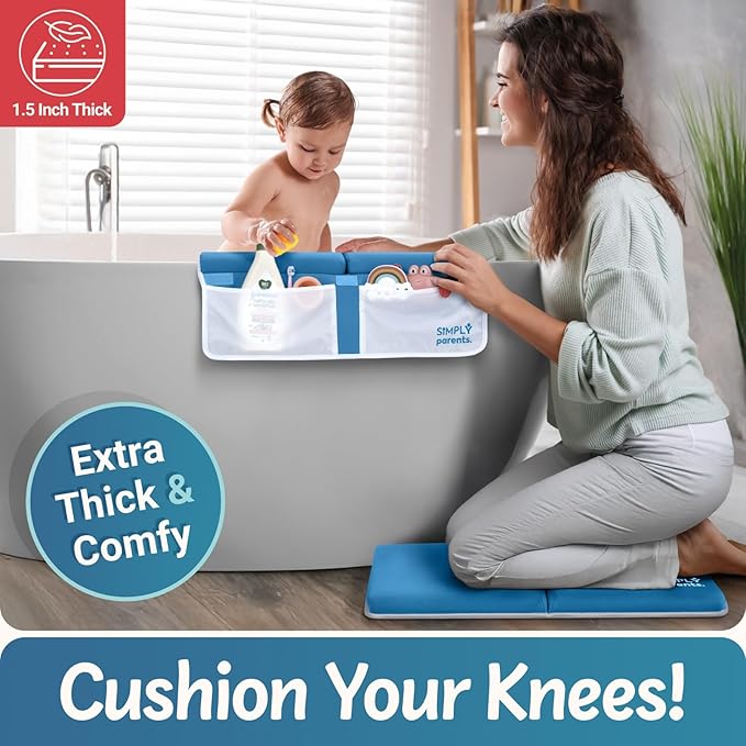 Simply Parents Comfortable Baby Bath Kneeler and Elbow Rest Pad Set - Quick-Dry Non-Slip Bath Kneeling Pad for Bathing Baby, Baby Bath Time Essentials for Newborn, Baby Bath Accessories for Tub, Blue