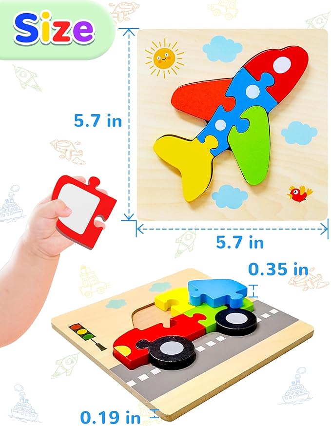 Yetonamr Wooden Toddler Puzzles Gifts Toys for Boys Girls, 8 Vehicle Shape Montessori Toy Educational Blocks Kids Toys Gift Baby Learning Toy