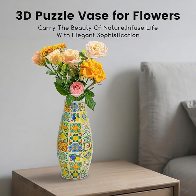 3D Puzzle Vase for Adults, 3D Puzzle Vases for Flowers, 152 Pcs 3D Puzzles Art Vase for Kids Ages 8-13, Cute Unique Flower Vases Decoration with Night Light, Crafts for Adults(Grid)