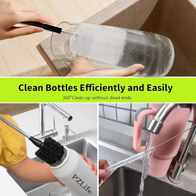 5 Pack Bottle Brush Set, Long Handle Water Bottle Brush, 15in Narrow Bottle Brush, 3 Straw Brushes, Multi-Function Cleaning Brush Suitable for Cleaning Glass, Sports Bottle, Coffee Mug,Black