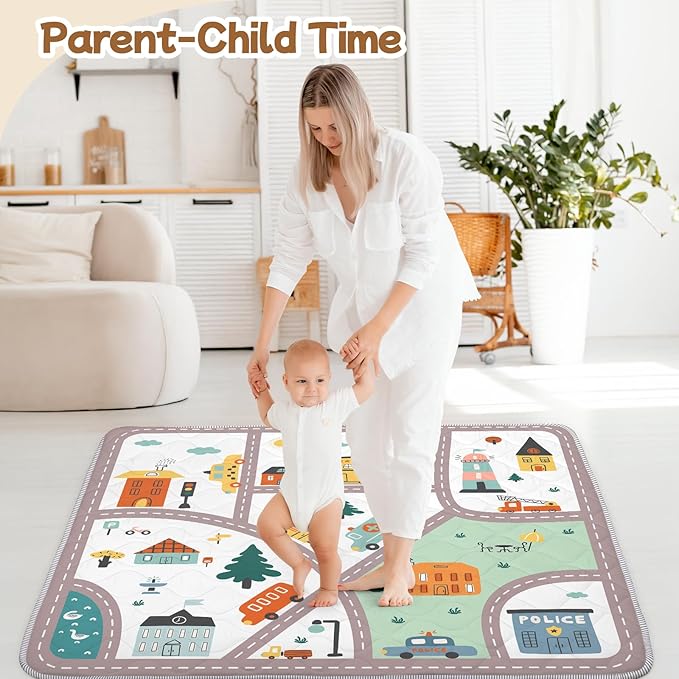 Baby Play Mat for Floor,Soft 50x50 Playpen Mat,Thick Foam Cushioned Playmat for Tummy Time,Safe Non-Slip Backing for Crawling for Kids Toddlers Infants,City Road