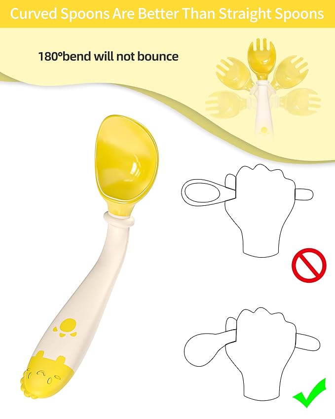 Deejoy Toddler Utensils, Self-feeding Flatware Set withTravel Case, Baby Spoons and Forks with Silicone Bendable Handle, Easy Grip Heat-Resistant, Ideal for Kids, Stage 2 (Yellow)