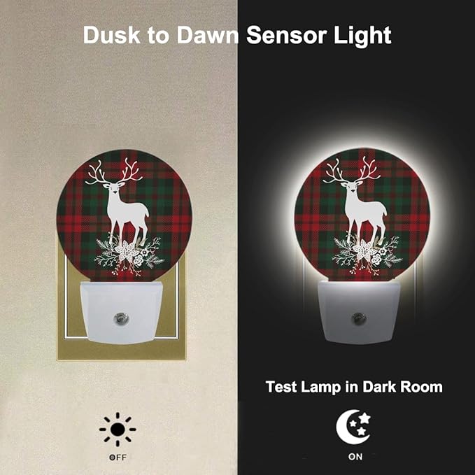 Tartan Checkered Plaid Nightlights Plug-in Reindeer with Christmas Bouquet Floral, Red Green Night Light Auto Dusk-to-Dawn Sensor Lamp for Boys Girls Bedroom Playroom, LEDLAMP3027