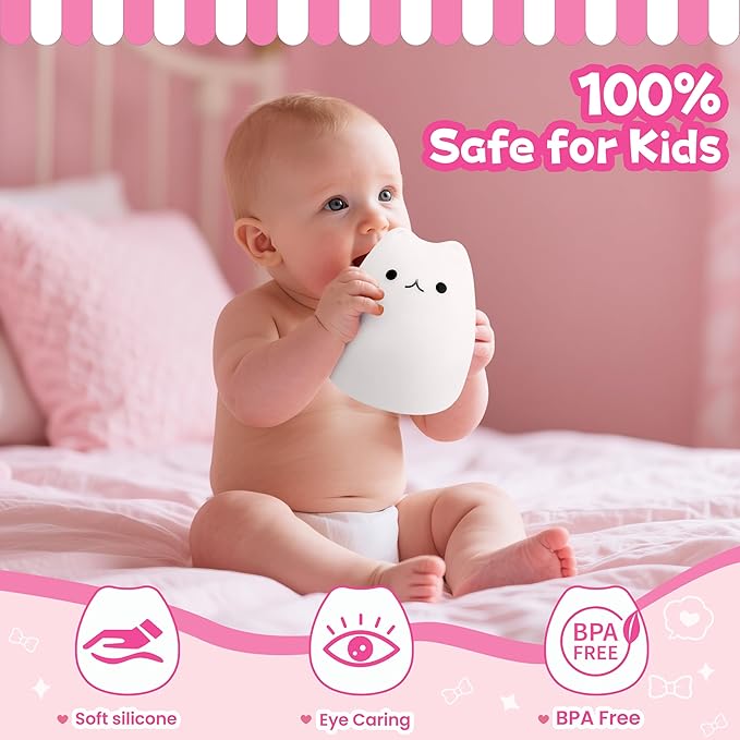 Night Light for Kids, Rechargeable Dimmable Silicone LED Nightlight with 7 Colors, Baby Nursery Night Lamp, Touch Squishy Lamp, Cute Gifts for Girls, Boys, Toddler Room Decor, Cat
