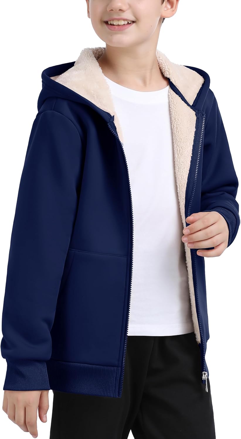 MoFiz Kids Fleece Jackets Sherpa Lined Hoodie Jacket Hooded Zip up Sweatshirt Coats for Boys Girls Winter Casual Outerwear