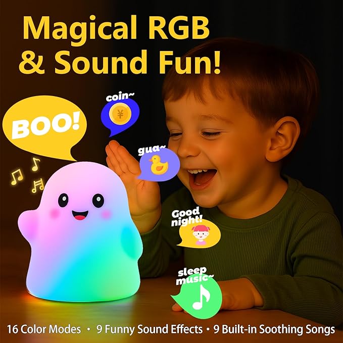 RGB Ghost Night Light – Color-Changing Tap Control Fun Toy for Kids, Soft Squishy Silicone Lamp with Sounds, Dimmable Rechargeable Bedside & Table Lamp, Funny Gift for Boys & Girls