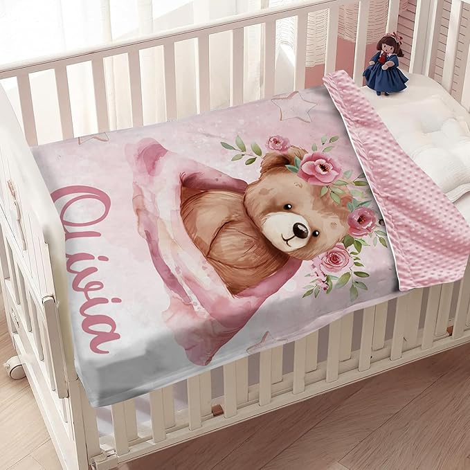 Custom Baby Blanket for Girls, Personalized Baby Blankets with Name, Soft Flannel Double Layer Receiving Swaddle Blanket, Pink Heart Bear Monogram Birthday Gifts for Infants Toddlers(30"x40")