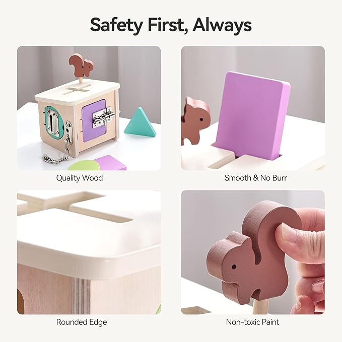 Wooden Lock Box STEM Learning Toys for Kids - Montessori Puzzle Cube with 3 Types of Locks (Hook/Chain/Sliding Bolt), Shape Sorting - Early Educational Fine Motor Skills for Boys & Girls