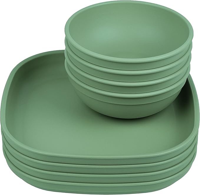 Re-Play Toddler Plates - 9 In and Bowls - 20 Oz. - Kids Plates and Bowls, Microwave and Dishwasher Safe - Set of 4x4 - Sage