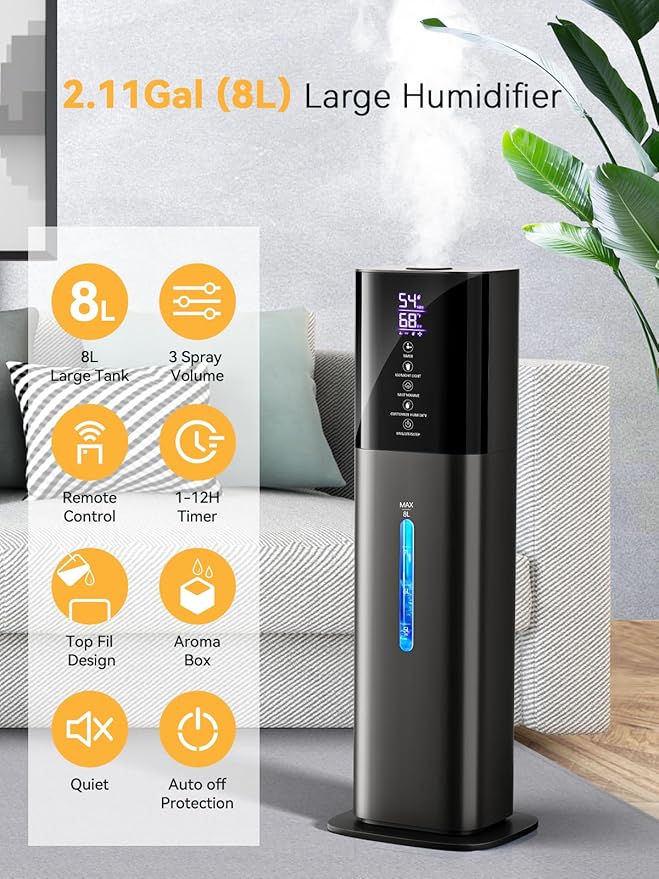 Humidifiers for Bedroom, 8L Quiet Humidifiers for Large Room with Timer, 360°Nozzle, 3 Speed Ultrasonic Cool Mist Humidifier with Humidistat for Baby, Customize humidity for Home Adults Plants