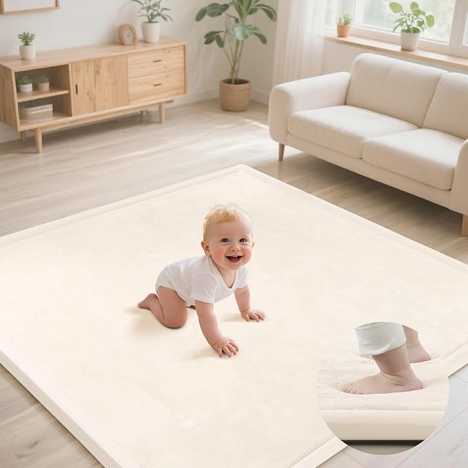 Baby Play Mat for Floor, 1.3"Thick Extra Large Cushioning Memory Foam Playpen Mat, Soft Coral Velvet Baby Crawling Mat with Non-Slip Backing for Toddlers,Infants,Kids,Yoga Mat (Beige 79"×118"×1.3") ﻿