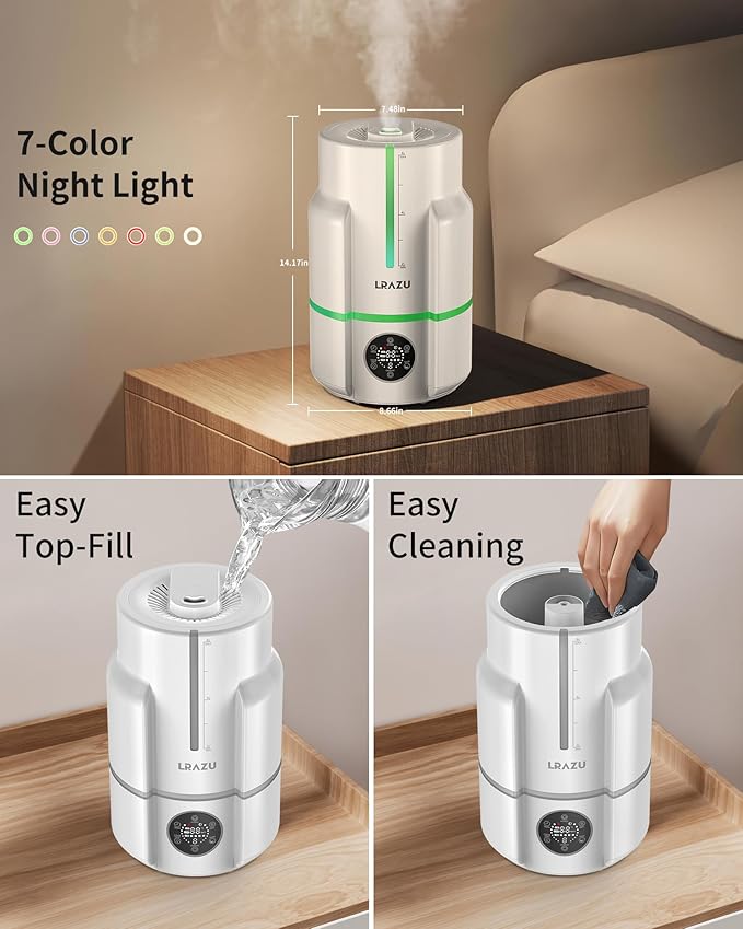 6L Humidifiers for Bedroom, 60H Runtime 26 dB Quiet Supersized Cool Mist Air Humidifiers for Large Room, Baby Nursery, Plant, Indoor, Night Light, Easy to Clean, Precise Humidity Control