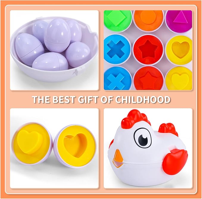 6 Pack Chicken Eggs Matching Game Toys for Toddlers, Colors & Shape Matching and Sorter, Preschool Sensory Fine Motor Skills Development Toy, Educational Gifts for Boys and Girls Aged 3-6
