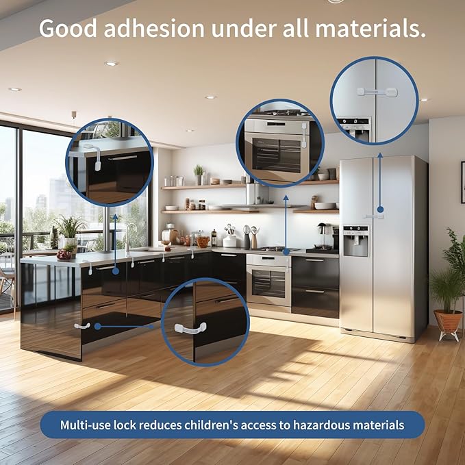 Child Proof Cabinet Locks - Cabinet Locks Baby Proofing with 3M Adhesives for Refrigerator, Oven, Cupboards, Toilet Seat - Adjustable,Easy Installation,No Drilling (4 Pack)
