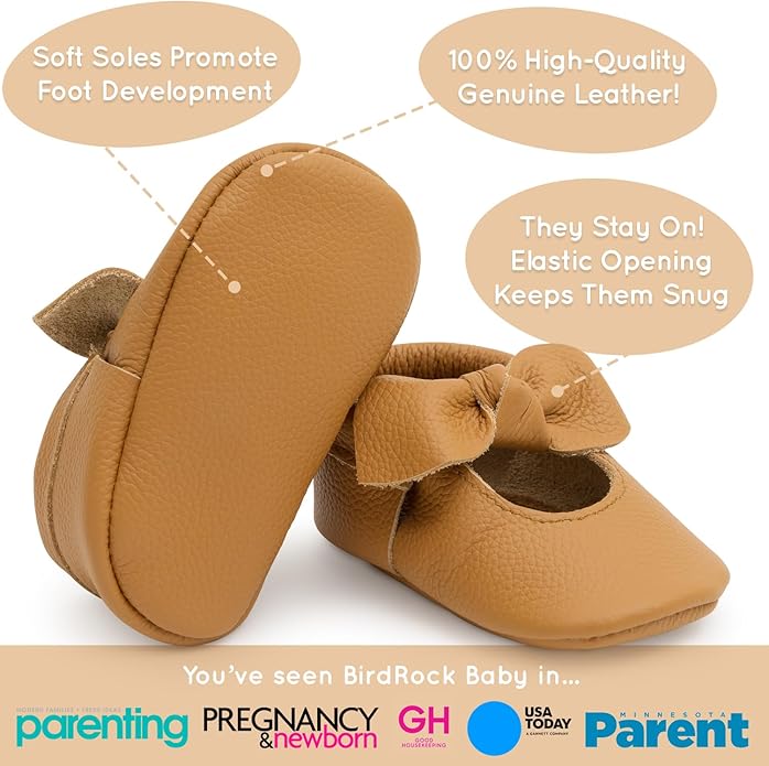 BirdRock Baby Bow and Knot Moccasins - Genuine Leather Baby Girl Shoes