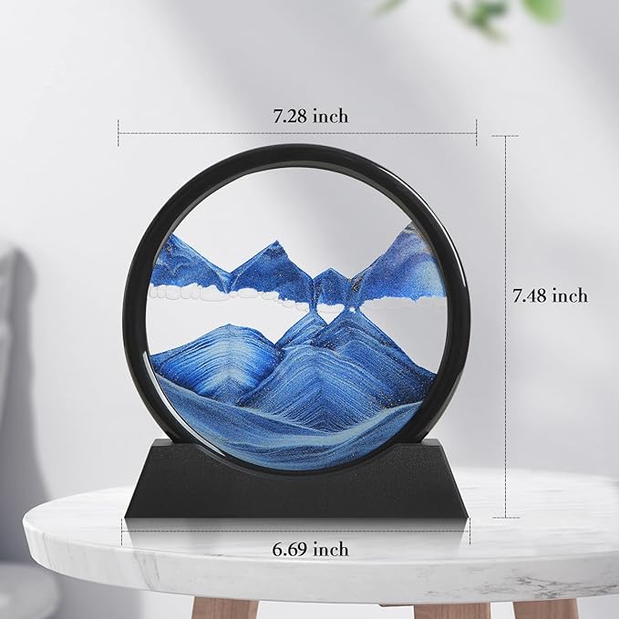 Moving Sand Art Liquid Motion, 3D Deep Sea Sandscape Color Quicksand Decor, Round Glass Moving Sand Art Picture Relaxing Desktop Home Office Work Decor (Blue, 7 inch)