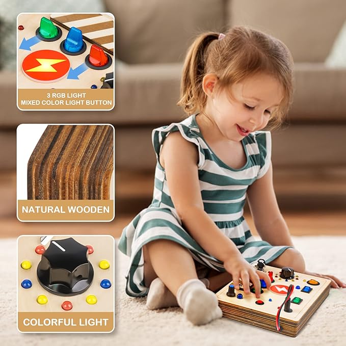 Joyreal Montessori Busy Board Wooden Sensory Toys for Toddler with LED Light Up Switch, Baby Fidget Board Travel Toys for 18+ Months, 1 2 3 Year Old Boys Girls Toddler Toy Gifts (Mixed Lights)