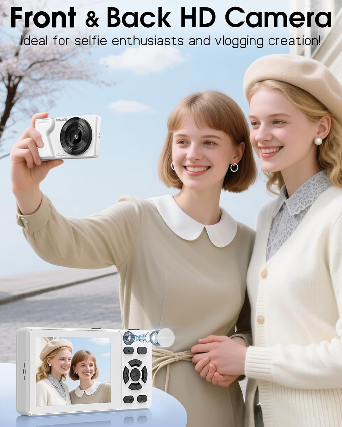 Digital Camera with Front Rear Lens, Autofocus 64MP 4K Camera for Photography with 32GB Card, Portable Compact Point and Shoot Camera for Teens Adult Beginner with Metal Shell, 2000mAh Battery