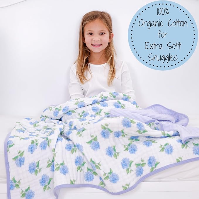 LollyBanks Muslin Baby Blanket 100% Organic Cotton, Muslin Quilt Lightweight, Toddler Blanket for Girls, 6 Layers Baby Blankets 47"x 47", Soft Nursery Receiving Blankets (Hydrangea Print)