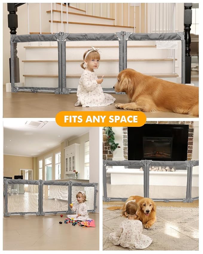 Extra Wide Baby Gate Playpen with Heat-Resistant Mesh,3 Panel Foldable Baby Fence,Indoor/Outdoor Safety Barrier,Dog Playpen & Fireplace Gate Gray