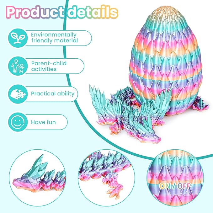 3D Printed Dragon Eggs with Articulated Fly Dragon Inside, Collectible Figurines Fidget Toy for Adults Kids Birthday Easter Christmas White Elephant Gifts for Friends Colleagues(Rainbow, L size)