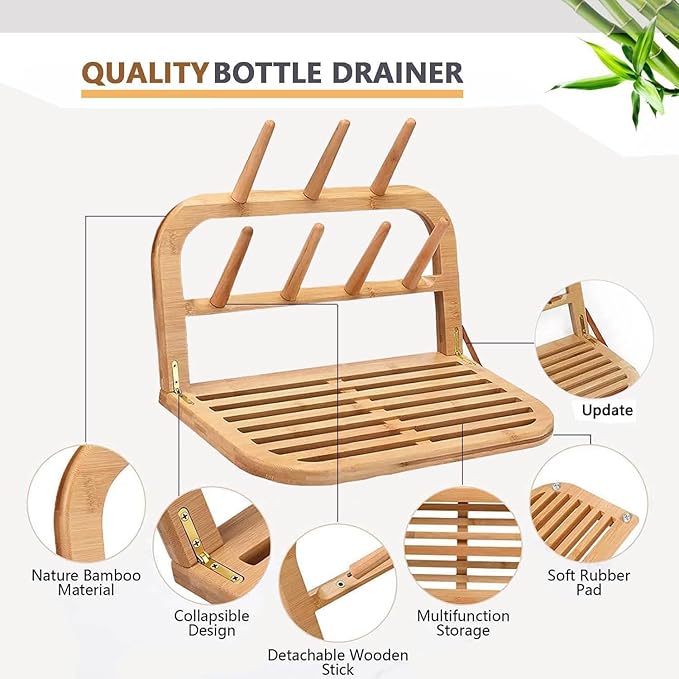 Baby Bottle Countertop Drying Rack Bamboo,Space Saving Kitchen Drying Rack & Bottle Holder for Nipples, Cups, Pump Parts, Accessories, Reusable Ziplock and Freezer Bag Dryer Rack