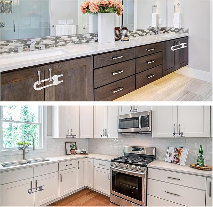 Jetec 10 Pieces Cabinet Locks for Babies, U-Shaped Proofing Drawers Safety Child Locks Adjustable, Easy to Use Childproof Latch for Knob Handle on Kitchen Door Storage Cupboard Closet (Gray, White)