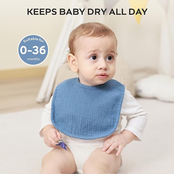 JELLYMONI Muslin Baby Bibs 8 Pack Baby Bandana Drool Bibs for Unisex Boys Girls, 100% Cotton Solid Colors Soft Square Teething Bibs for Newborn