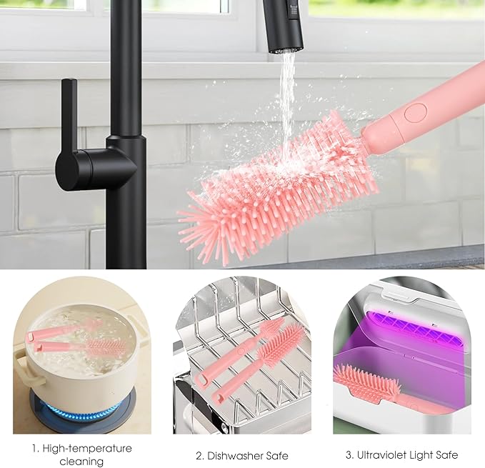 Portable Baby Bottle Brush Set, 7-in-1 Travel Baby Bottle Cleaning Kit, Portable Bottle Washing Kit with Silicone Bottle Brush, Nipple Brush, Straw Brush, Drying Rack for Home and Travel (Pink)