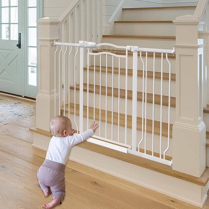 Fairy Baby 29.5"-53.1" Extra Wide Baby Gates for Doorways, Safety Child Gate for Kids Dog, Metal Auto Close Stair Gates Indoor for Toddler Pressure Mount Kit, Arched Décor Walk Thru Garden Gate, White