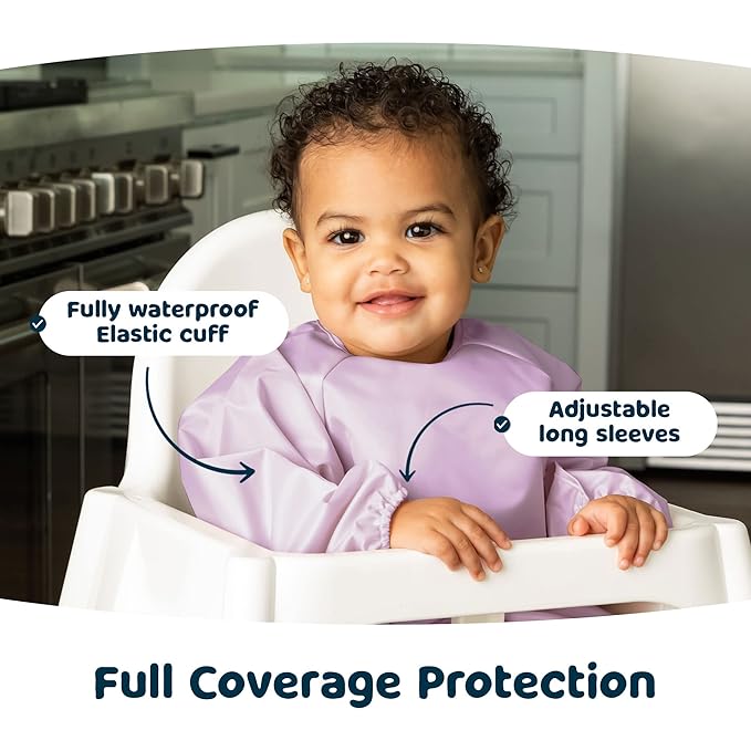 Tiny Twinkle Long Sleeve Bib for Babies & Toddlers – 2 Pack Waterproof Smock Bibs for Eating – Machine Washable & Mess-Proof, Baby Feeding Essential & Shower Must-Have (Taupe Lilac,6–24M)